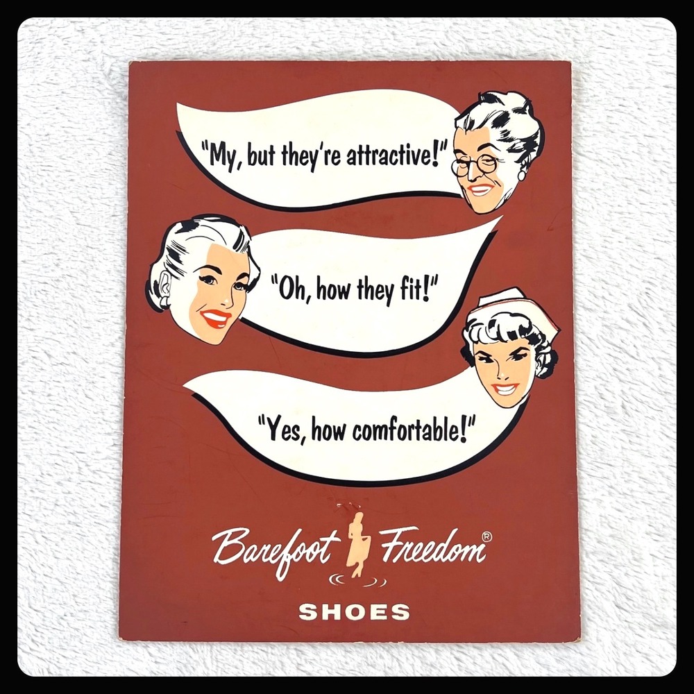 1950s Barefoot Freedom Shoes Advertising‎ Sign 14" Cardboard Display Vintage MCM